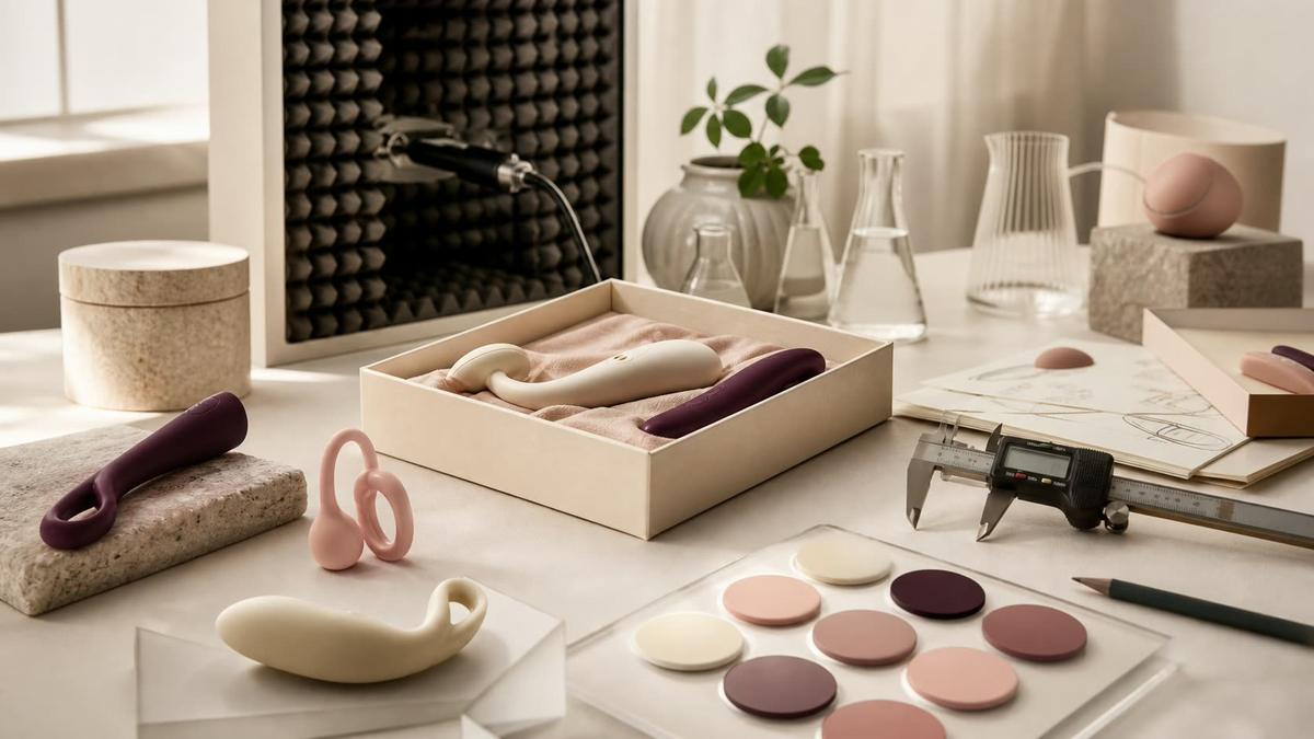 A warm material lab with silicone samples, an acoustic testing element, calipers, and an ergonomic prototype.