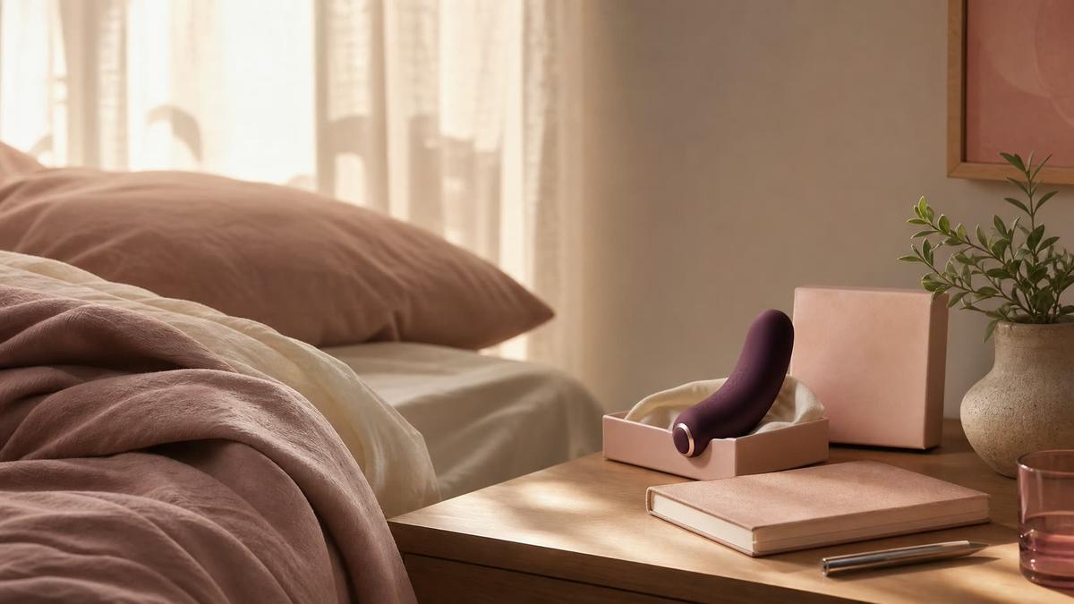 A dawn bedroom corner with ivory curtains, linen, a bedside table, journal, plant, and discreet SENSIVO product packaging.